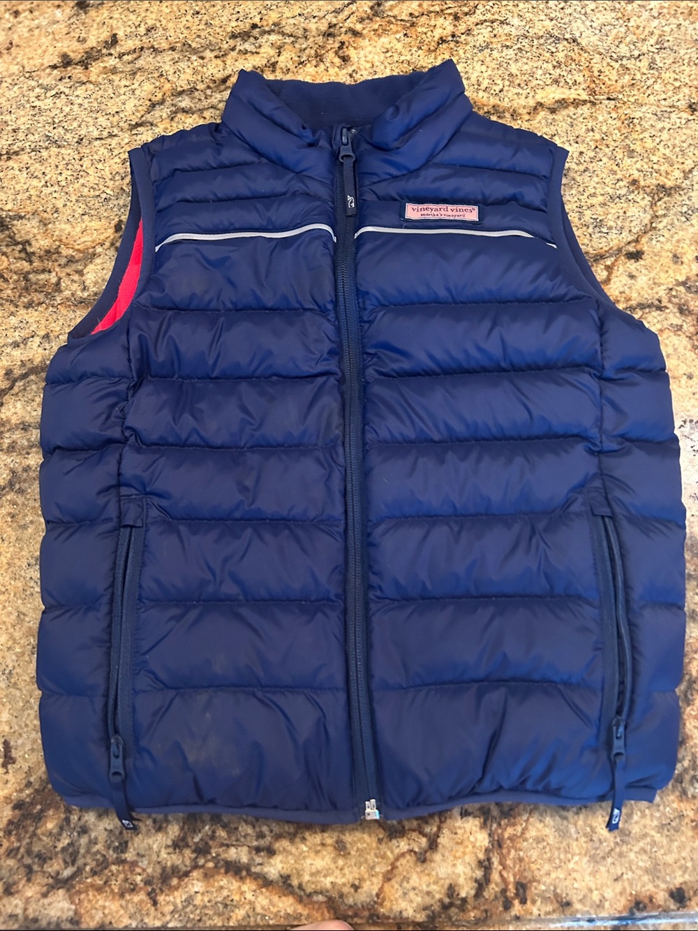 Vineyard Vines Navy Quilted Puffer Vest with Pink Trim